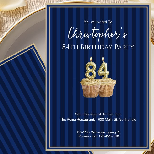 Invitation d'anniversaire 84 ans unique bleu or po (Créateur téléchargé)