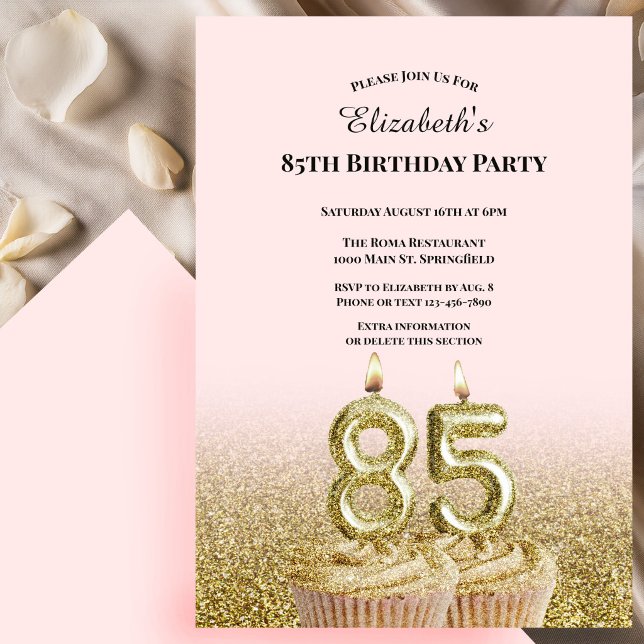 Invitation d'anniversaire 85 ans rose et or pour e (Créateur téléchargé)