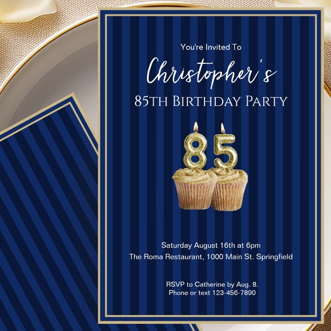Invitation d'anniversaire 85 ans unique bleu or po (Créateur téléchargé)