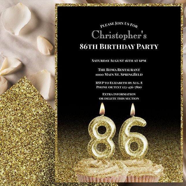 Invitation d'anniversaire 86 ans noir et or pour l (Créateur téléchargé)