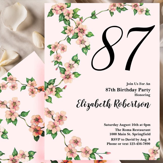 Invitation d'anniversaire 87 ans florale rose poud (Créateur téléchargé)