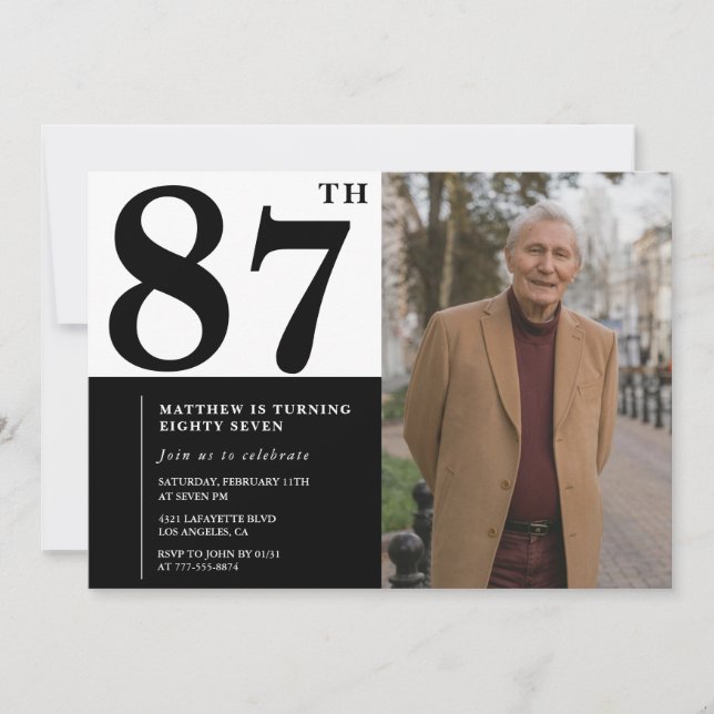 Invitation d'anniversaire 87 ans photo noir et bla (Devant)