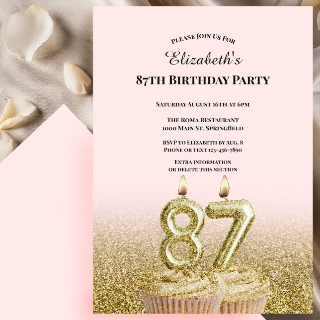 Invitation d'anniversaire 87 ans rose et or pour e (Créateur téléchargé)