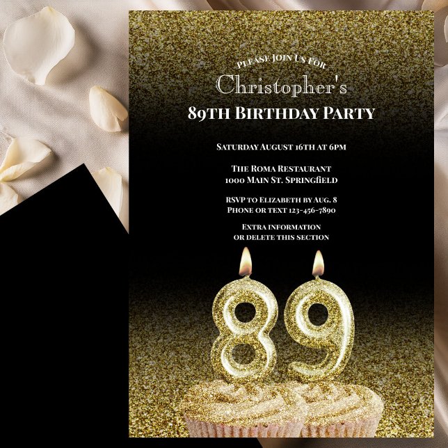 Invitation d'anniversaire 89 ans noir et or pour l (Créateur téléchargé)