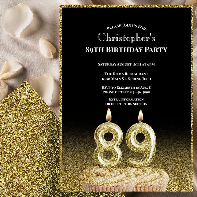 Invitation d'anniversaire 89 ans noir et or pour l (Créateur téléchargé)