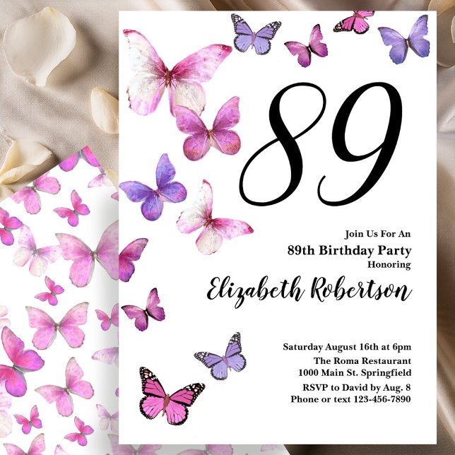Invitation d'anniversaire 89 ans Papillon en rose/ (Créateur téléchargé)