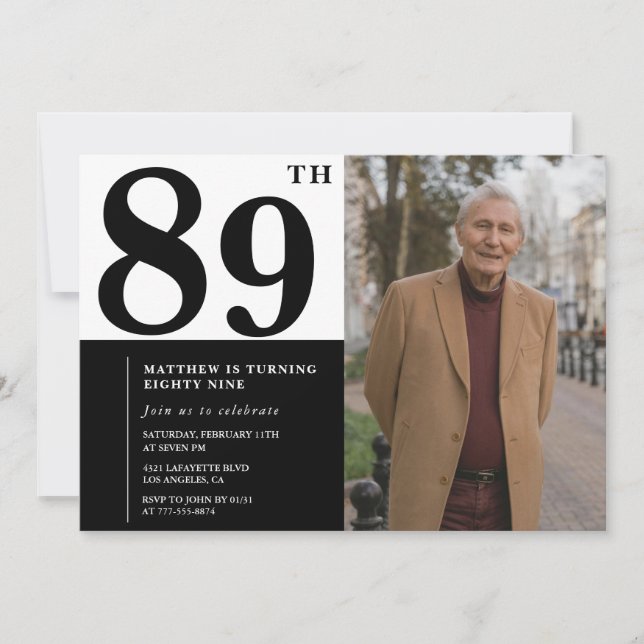 Invitation d'anniversaire 89 ans photo noir et bla (Devant)