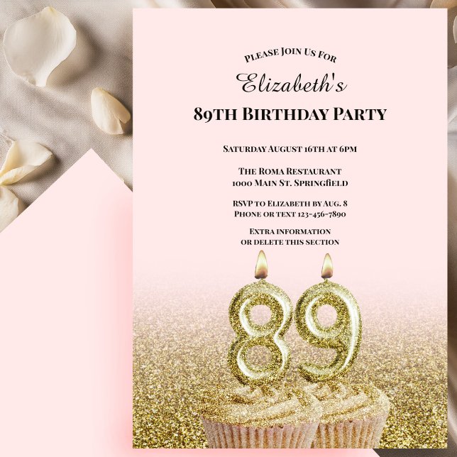 Invitation d'anniversaire 89 ans rose et or pour e (Créateur téléchargé)