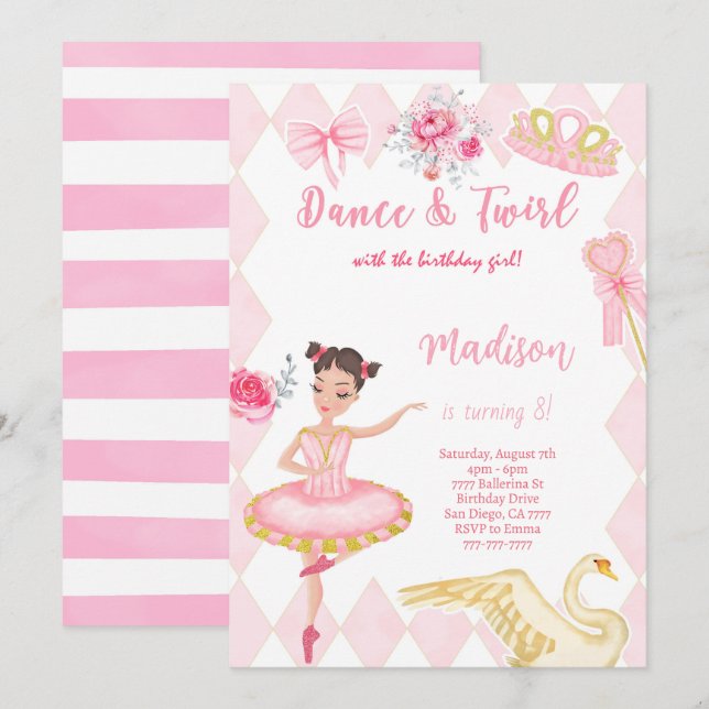 Invitation d'anniversaire 8 ans de ballerine  (Devant / Derrière)