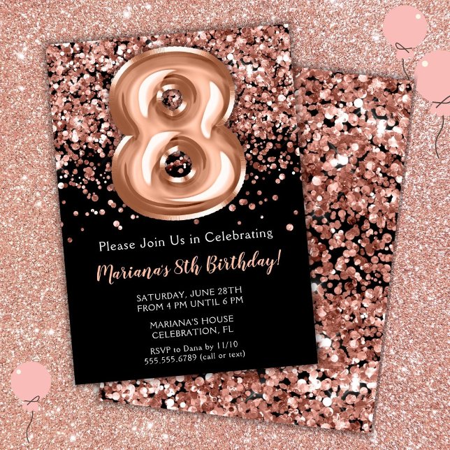 Invitation d'anniversaire 8 ans Noir Rose Or Paill (Créateur téléchargé)