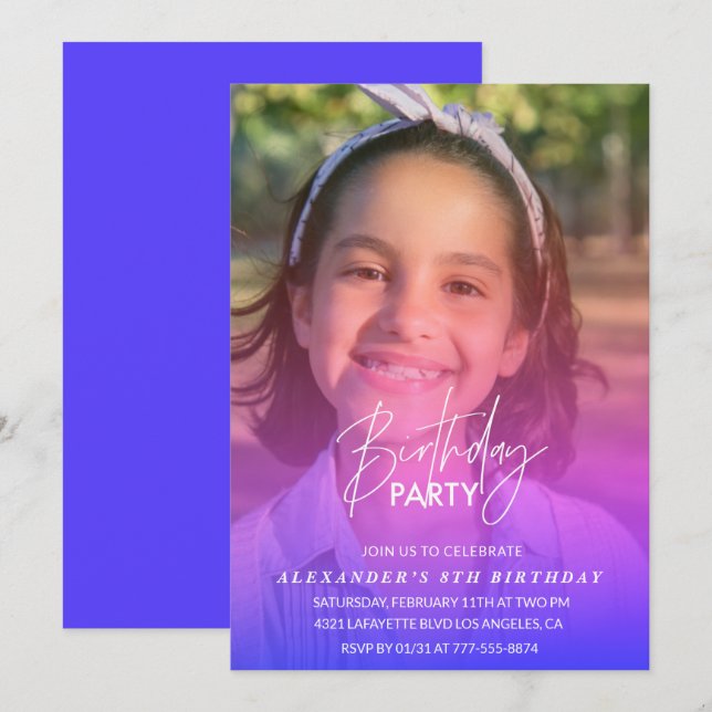 Invitation d'anniversaire 8 ans Photo Fête Arc-en- (Devant / Derrière)