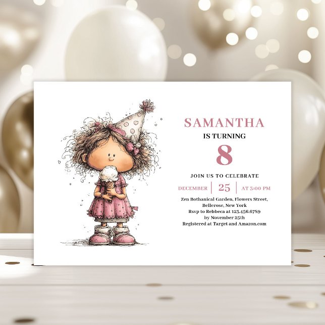 Invitation d'anniversaire 8 ans pour une fille drô (Cute Funny Girl 8th Birthday Invite Dusty Pink)