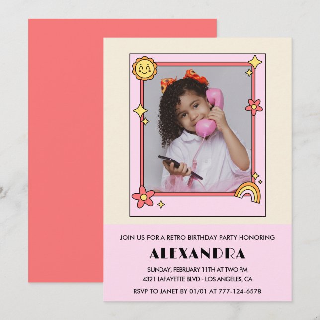 Invitation d'anniversaire 8 ans Rétro Groovy Fleur (Devant / Derrière)