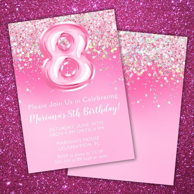 Invitation d'anniversaire 8 ans rose fille paillet (Créateur téléchargé)