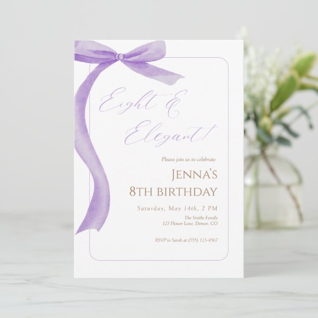 Invitation d'anniversaire 8 ans Ruban Violet  (Debout devant)