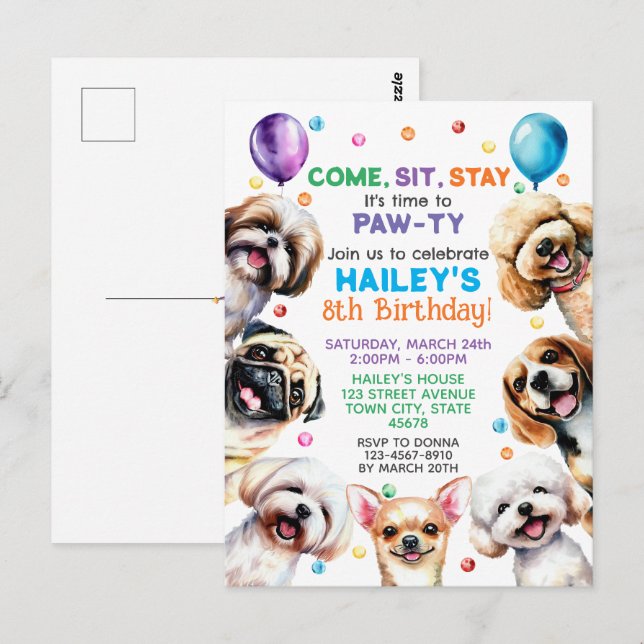Invitation d'anniversaire 8 ans Thème Chien (Devant / Derrière)