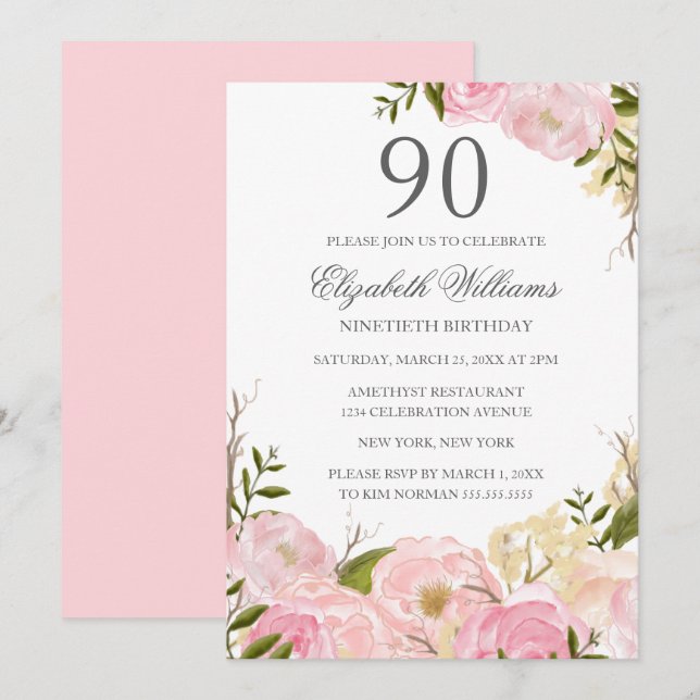 Invitation d'anniversaire 90 ans aquarelle Floral  (Devant / Derrière)