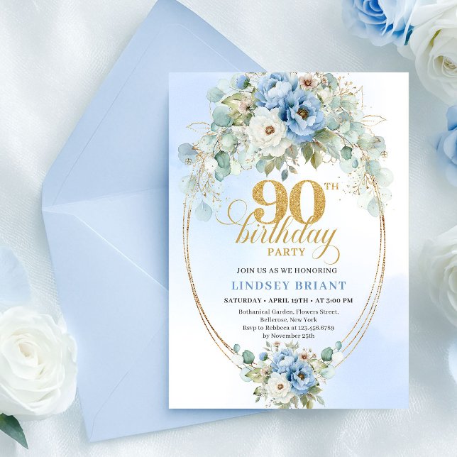 Invitation d'anniversaire 90 ans aux pivoines bleu (Modern Blue Peonies Greenery 90th Birthday Invite

)