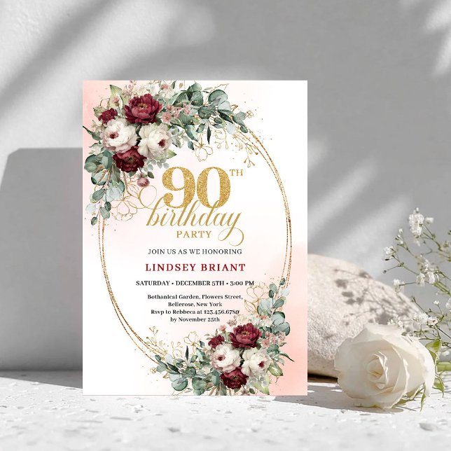 Invitation d'anniversaire 90 ans aux pivoines bord (Chic Maroon Peonies Greenery 90th Birthday Invite)