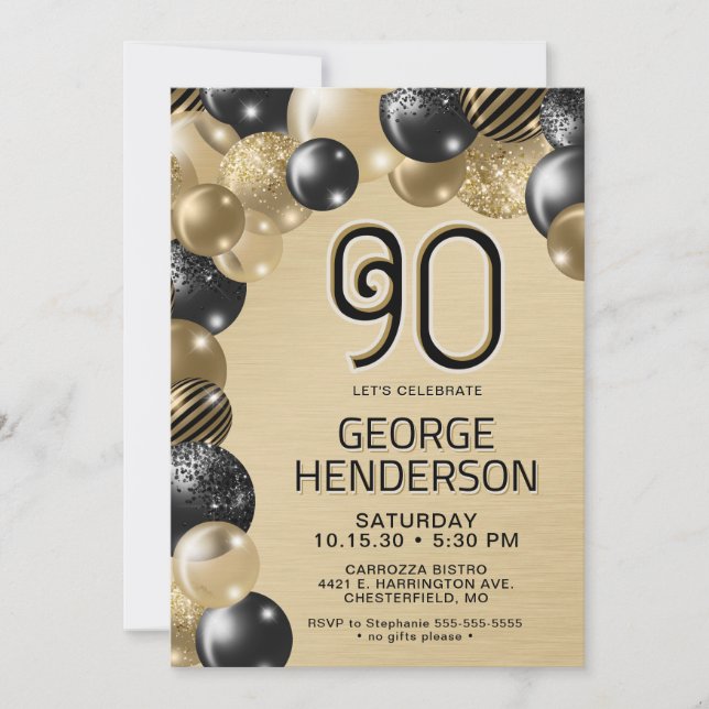 Invitation d'anniversaire 90 ans ballons or et noi (Devant)