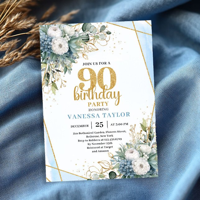 Invitation d'anniversaire 90 ans Cadre doré botani (Blue Botanical Gold Frame 90th Birthday Invite)
