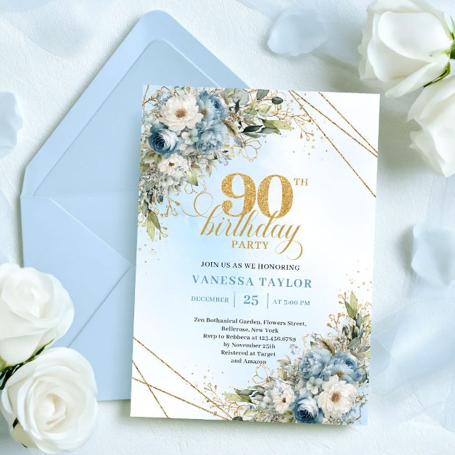 Invitation d'anniversaire 90 ans Chic Dusty Blue G (Chic Dusty Blue Gold Script 90th Birthday Invite

)
