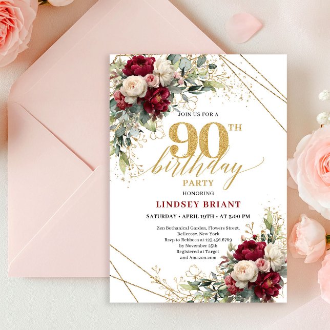 Invitation d'anniversaire 90 ans Chic Marron Blanc (Chic Maroon White Gold Roses 90th Birthday Invite Card

)