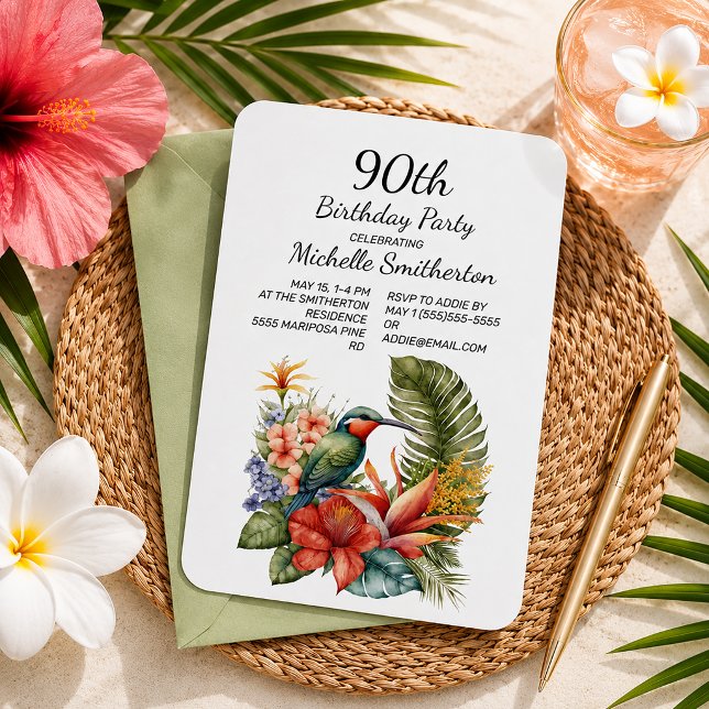 Invitation d'anniversaire 90 ans Colibri Floral Tr (Tropical hummingbird 90th birthday party invitation)