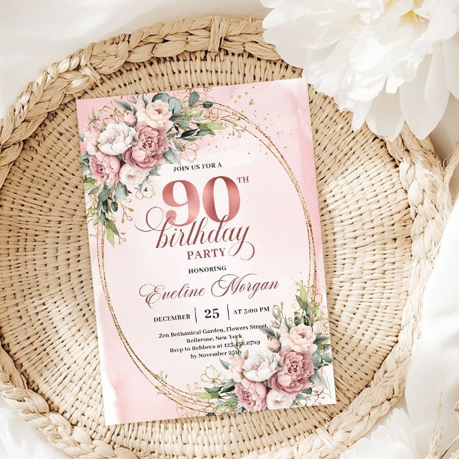 Invitation d'anniversaire 90 ans de rose d'or Clas (Classic Rose Gold Greenery 90th Birthday Invitation)