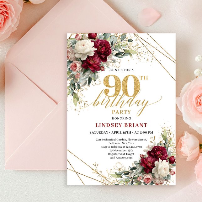 Invitation d'anniversaire 90 ans Fleur Or Rouge Pr (Romantic Deep Red Gold Floral 90th Birthday Invite Card

)