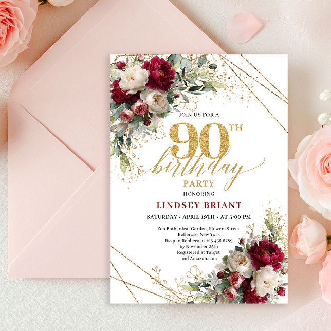 Invitation d'anniversaire 90 ans Fleur Or Rouge Pr (Classic Deep Red Floral Gold 90th Birthday Invitation)