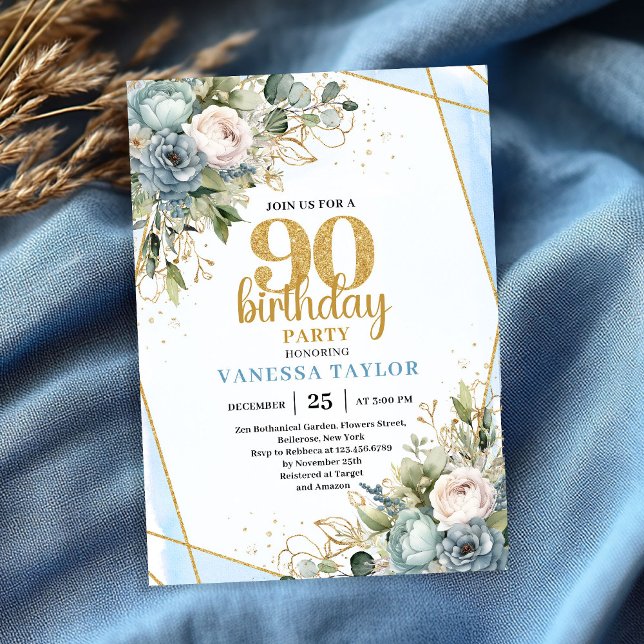 Invitation d'anniversaire 90 ans Fleurs Bleues Pai (Blue Flowers Gold Glitter 90th Birthday Invitation)
