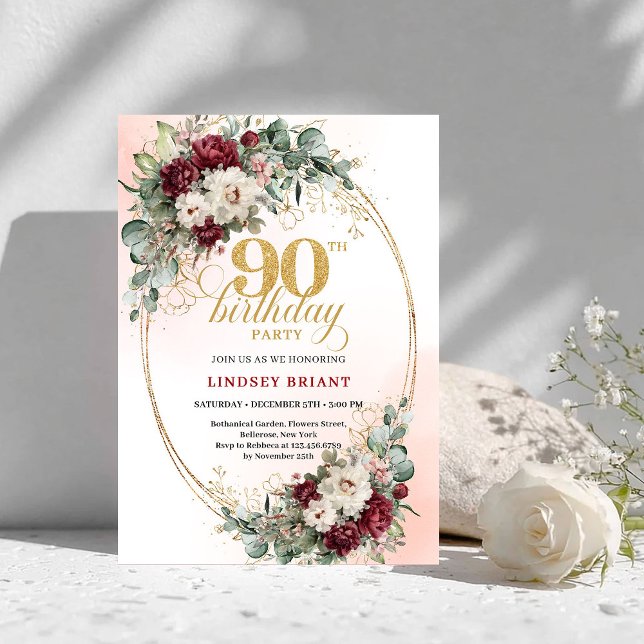 Invitation d'anniversaire 90 ans Fleurs de Bourgog (Classic Burgundy Flowers Gold 90th Birthday Invitation)