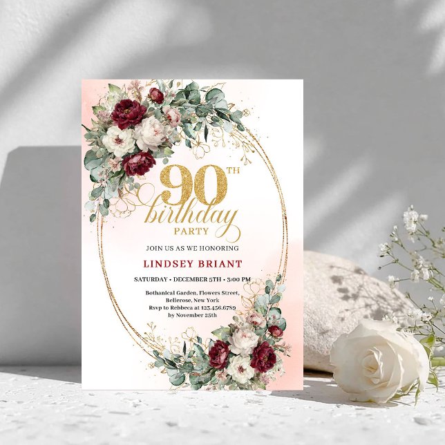 Invitation d'anniversaire 90 ans Fleurs Rouge Prof (Romantic Deep Red Floral Gold 90th Birthday Invitation)