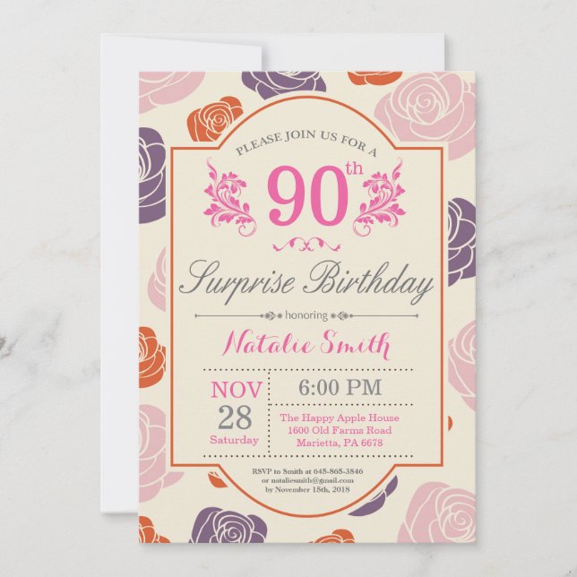 Invitation d'anniversaire 90 ans Fleurs Surprise R (Devant)