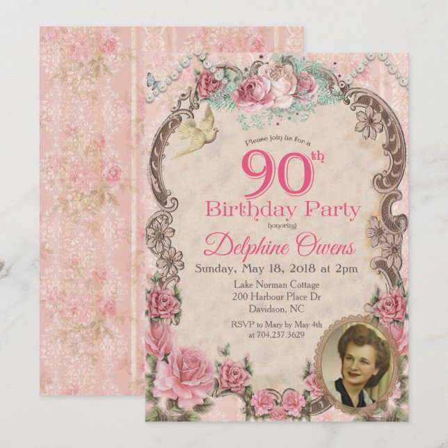 Invitation d'anniversaire 90 ans Floral Vintage (Devant / Derrière)