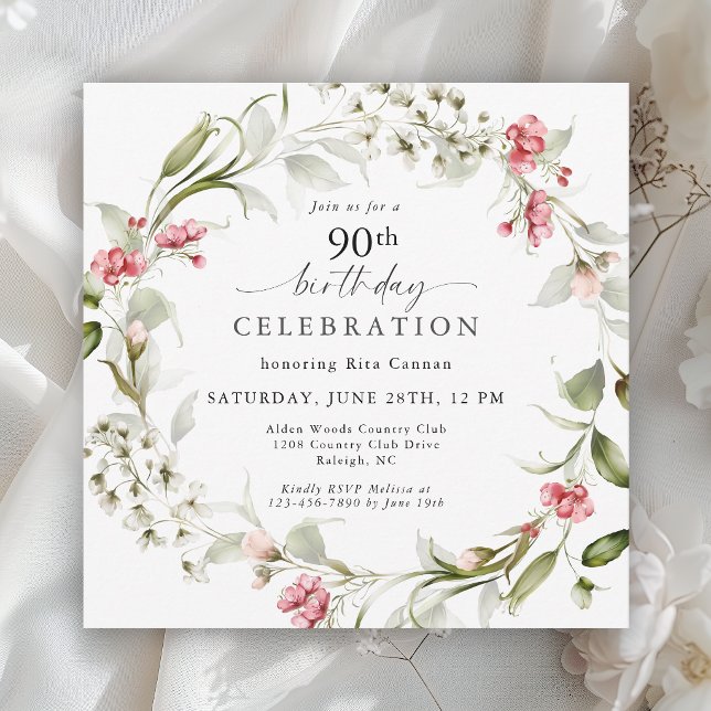 Invitation d'anniversaire 90 ans Florale Aquarelle (Créateur téléchargé)