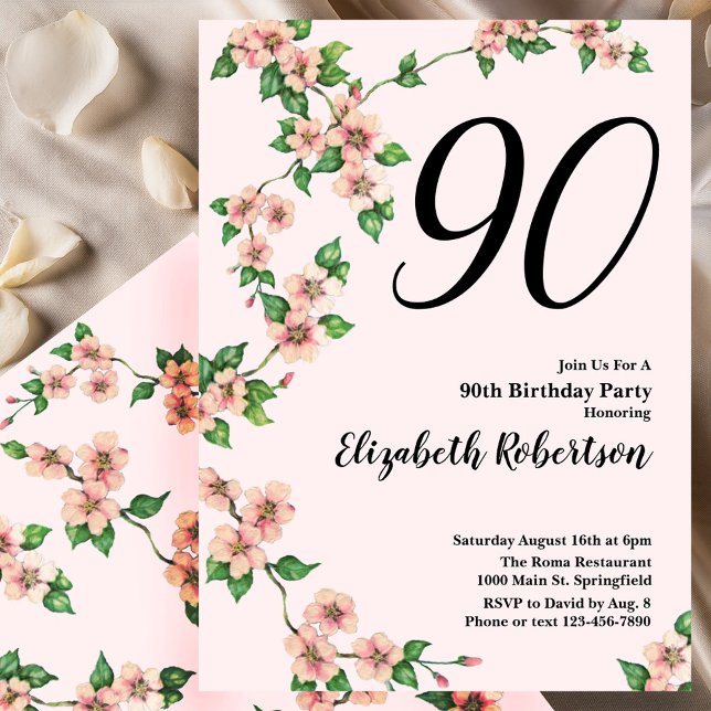 Invitation d'anniversaire 90 ans Florale en Rose P (Créateur téléchargé)