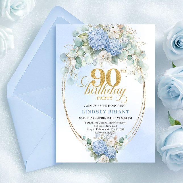 Invitation d'anniversaire 90 ans Hydrangea Bleu Ro (Romantic Soft Blue Hydrangea 90th Birthday Invite)