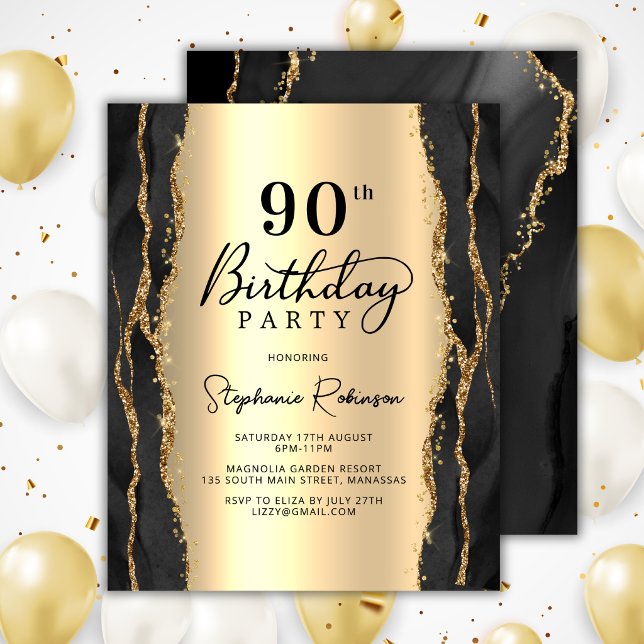 Invitation d'anniversaire 90 ans moderne noir or b (Créateur téléchargé)
