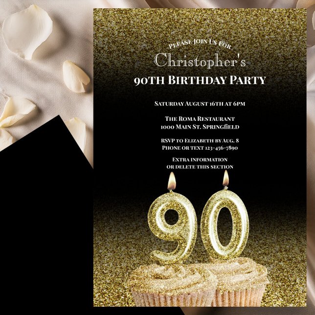 Invitation d'anniversaire 90 ans noir et or pour l (Créateur téléchargé)