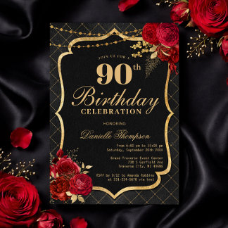 Invitation d'anniversaire 90 ans Noir, Rouge & Or
