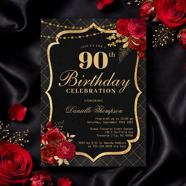 Invitation d'anniversaire 90 ans Noir, Rouge & Or (Black, Red & Gold 90th Birthday Invitation with Roses)
