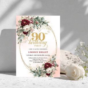 Invitation d'anniversaire 90 ans Or Pivoines Rouge