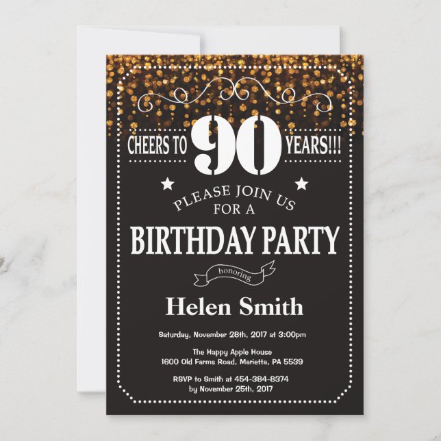 Invitation d'anniversaire 90 ans paillettes dorées (Devant)