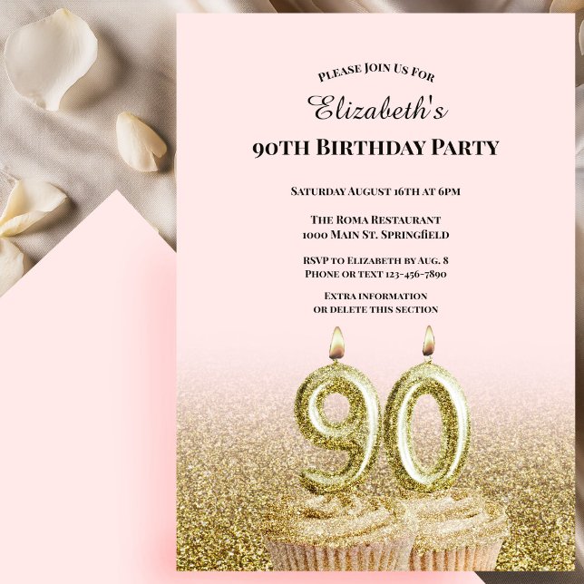 Invitation d'anniversaire 90 ans rose et or pour e (Créateur téléchargé)