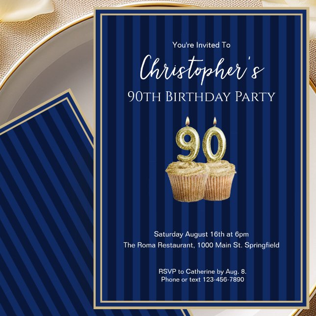 Invitation d'anniversaire 90 ans unique bleu or po (Créateur téléchargé)