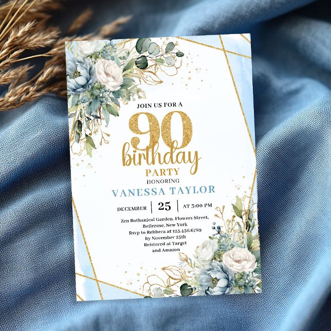Invitation d'anniversaire 90 ans Watercolor Blue G (Watercolor Blue Gold Glow 90th Birthday Invitation)