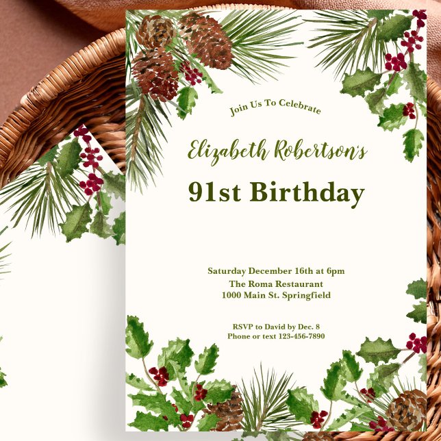 Invitation d'anniversaire 91 ans Elegant Vert feui (Créateur téléchargé)