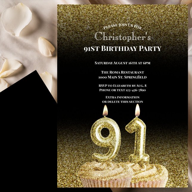 Invitation d'anniversaire 91 ans noir et or pour l (Créateur téléchargé)